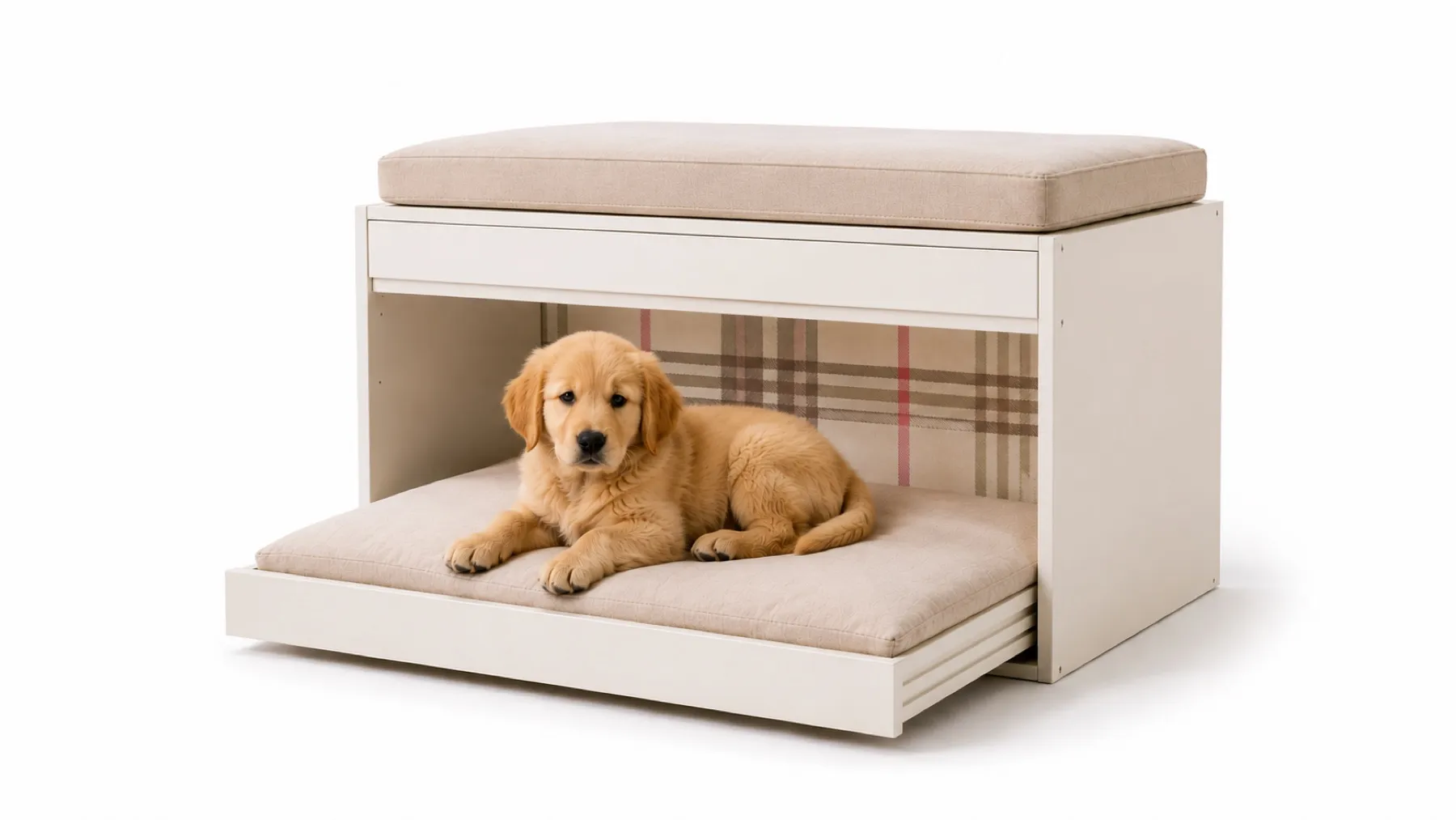 Un cachorro de golden sobre la cama extraíble del Clifford marfil