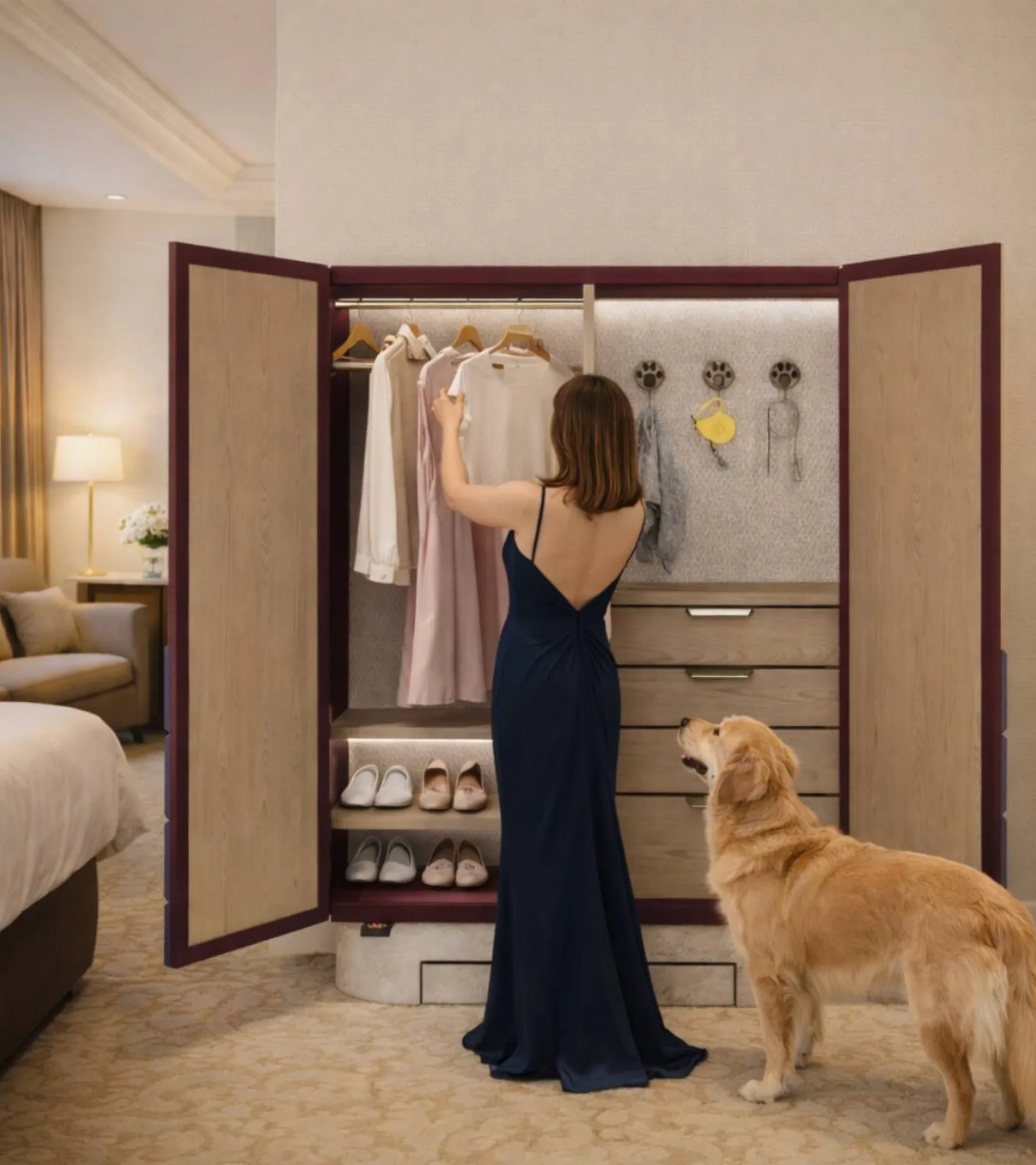 Interior del armario Sunna con la cama y el golden retriever