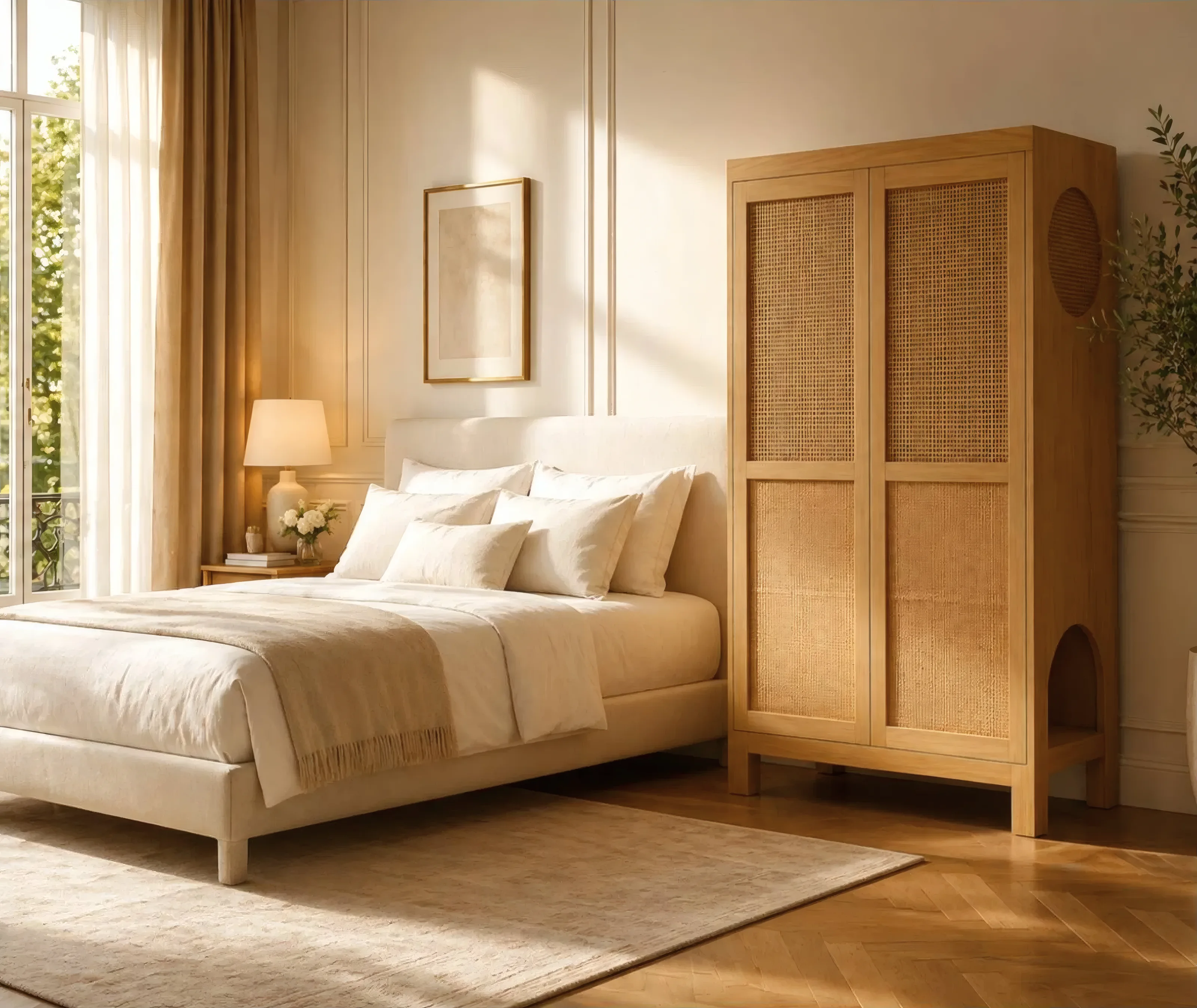 Bastet en un dormitorio, junto a la cama