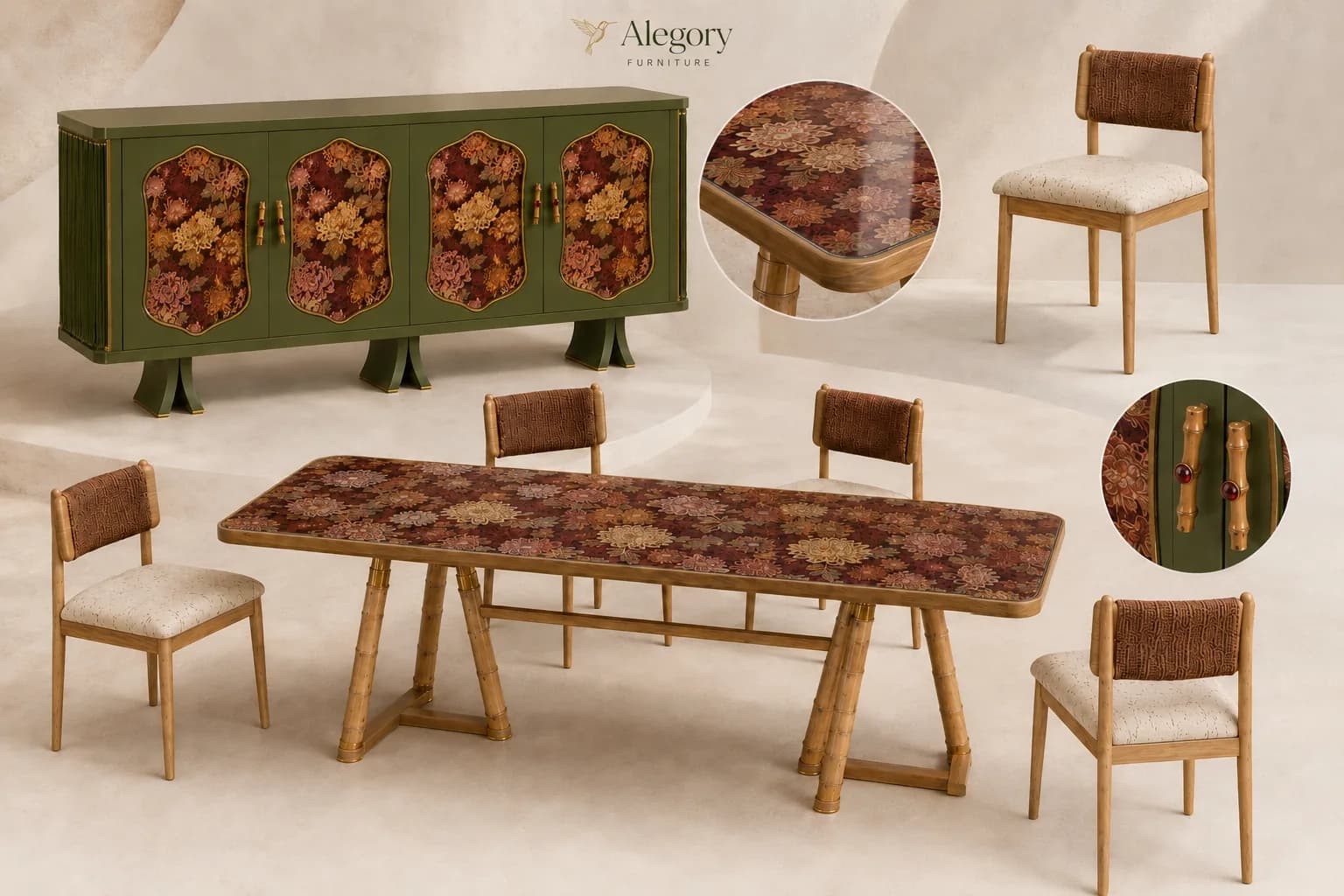 El conjunto completo: aparador, mesa, sillas y tirador Ganesha