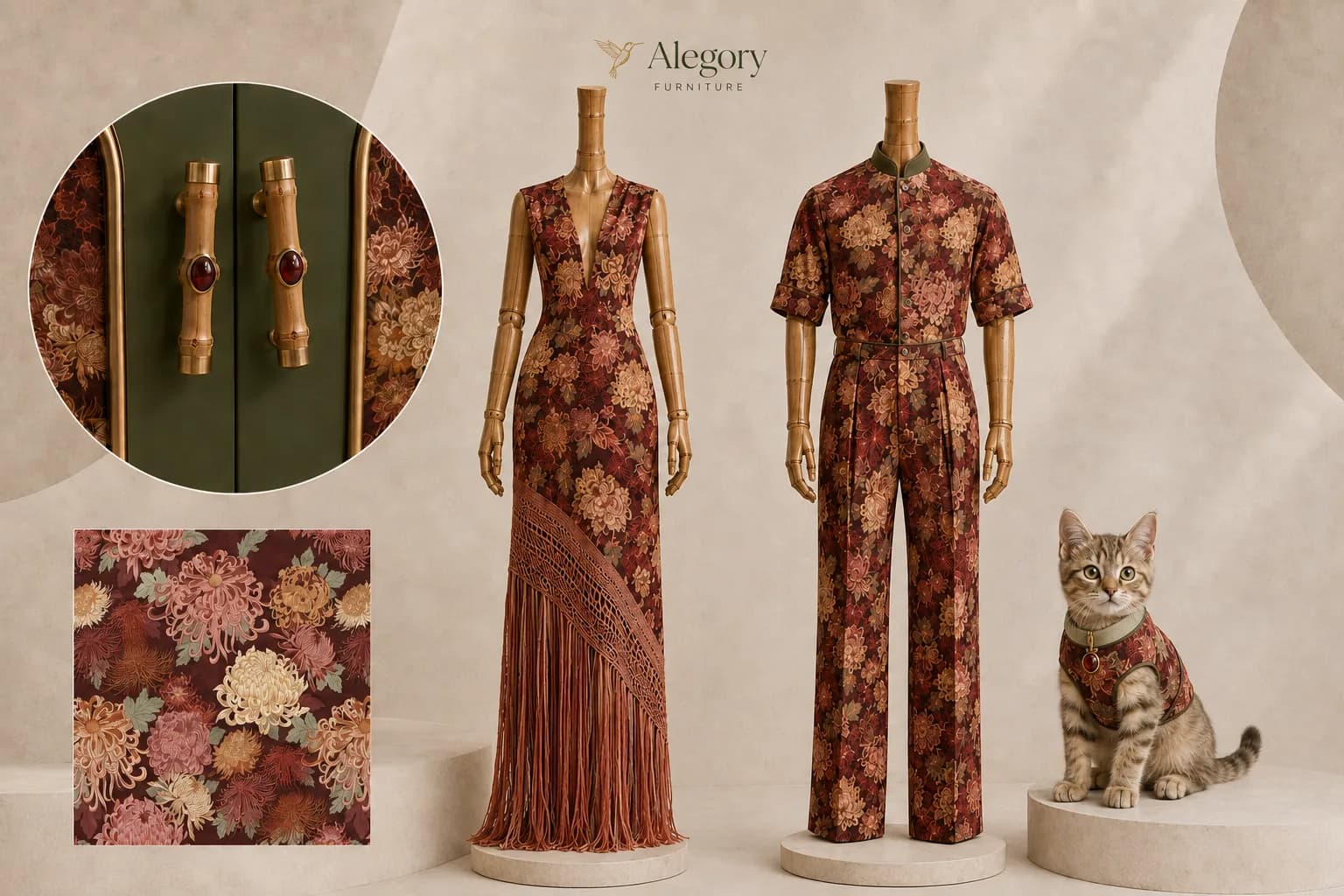 El estampado de crisantemos en el vestido, el traje del perro y el gato