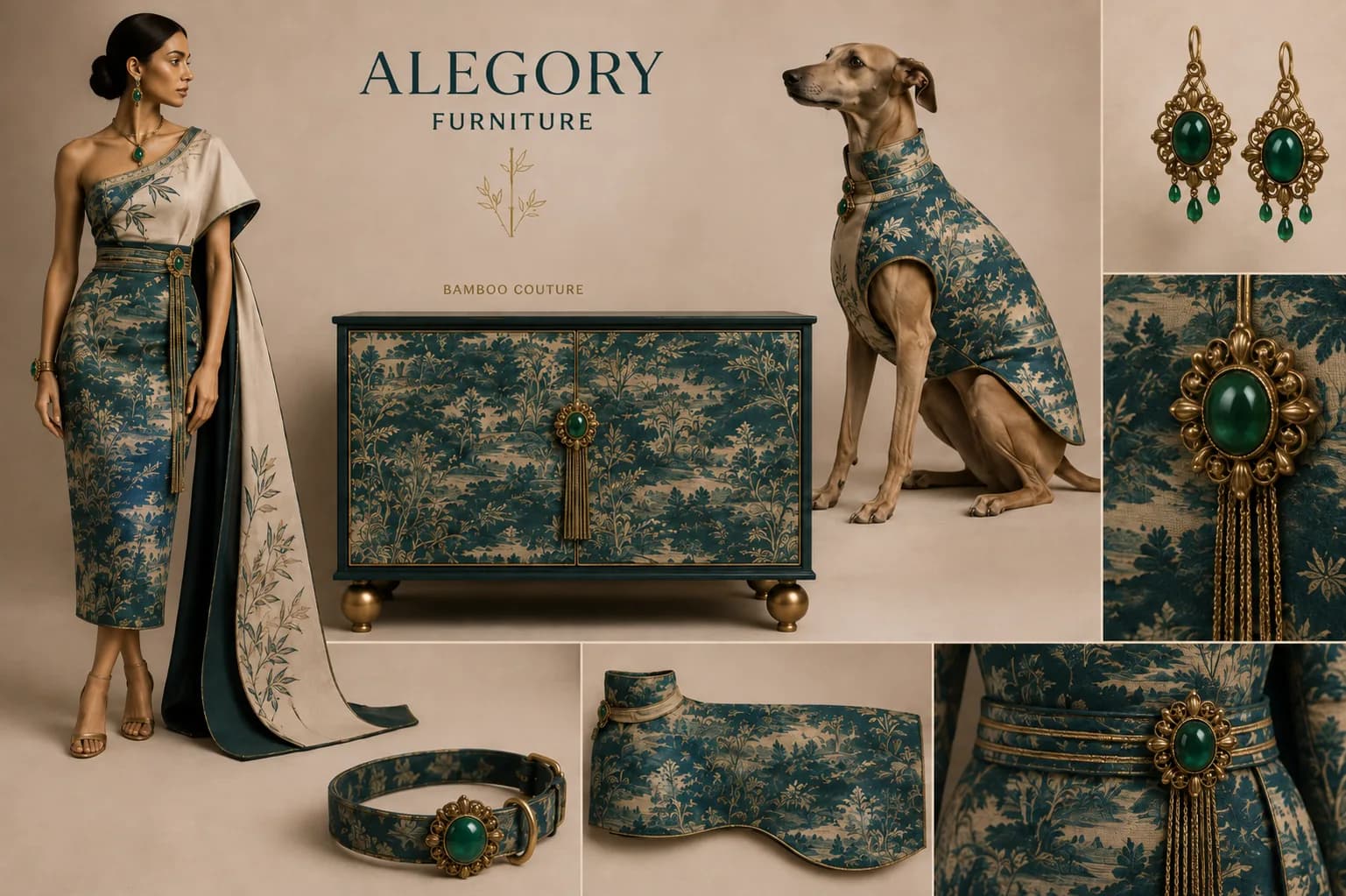 Conjunto Kaguya: modelo, perro con traje, aparador, cinturón y pendientes