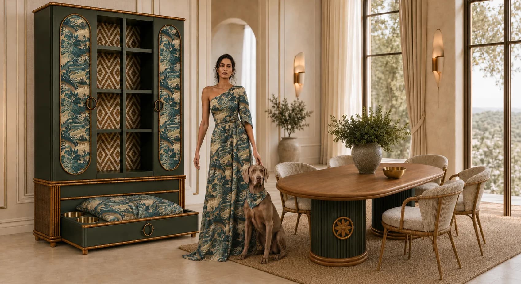 Modelo con el vestido del tapiz Kaguya junto al armario y la mesa de la colección