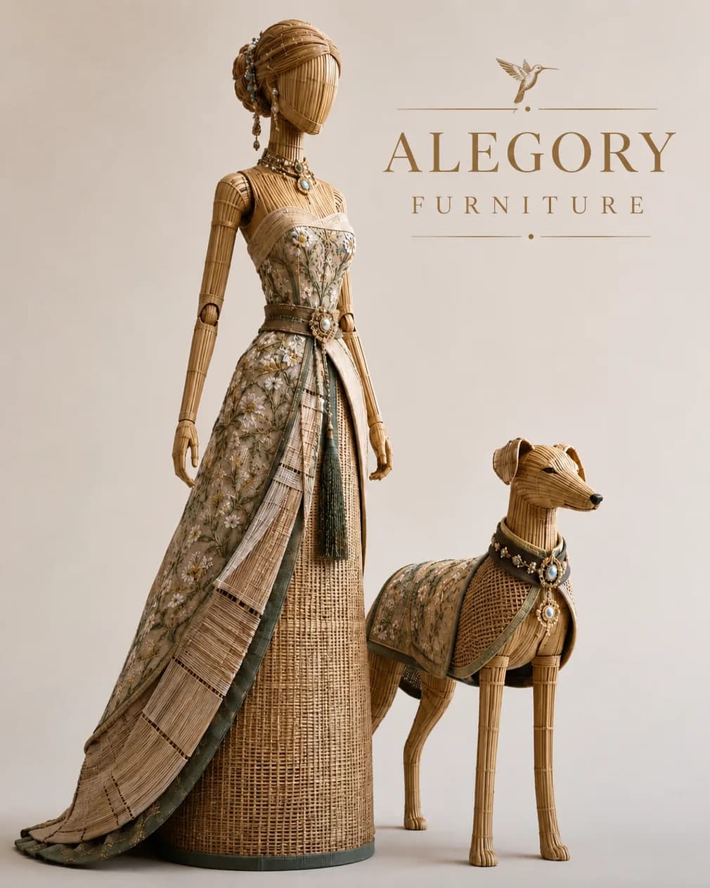 Mori no Kami: maniquí con vestido de la colección y perro con traje a juego