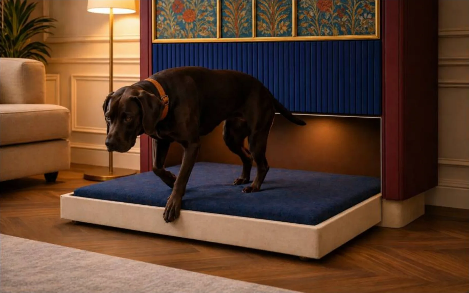 Sunna con la cama del perro desplegada por el sistema de sensores