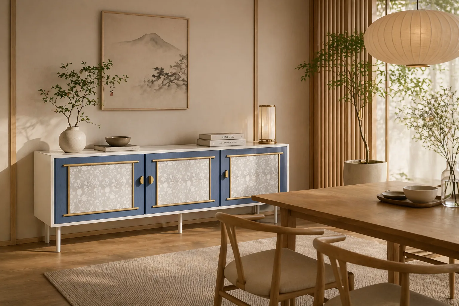 Suzaku de frente junto a una mesa de comedor japonesa
