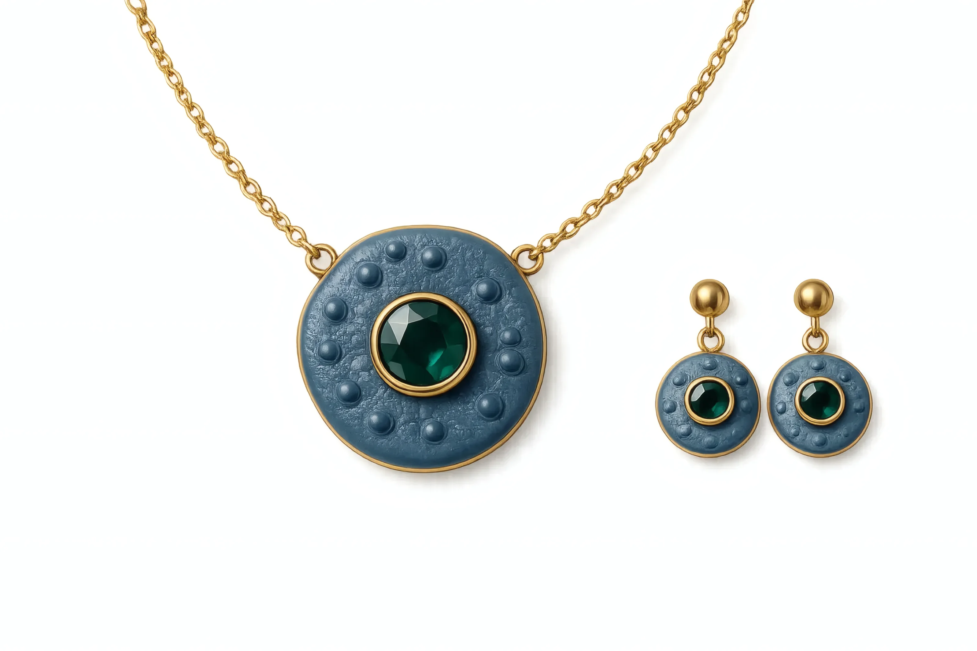 Colgante y pendientes de piedra verde engastada en azul y oro