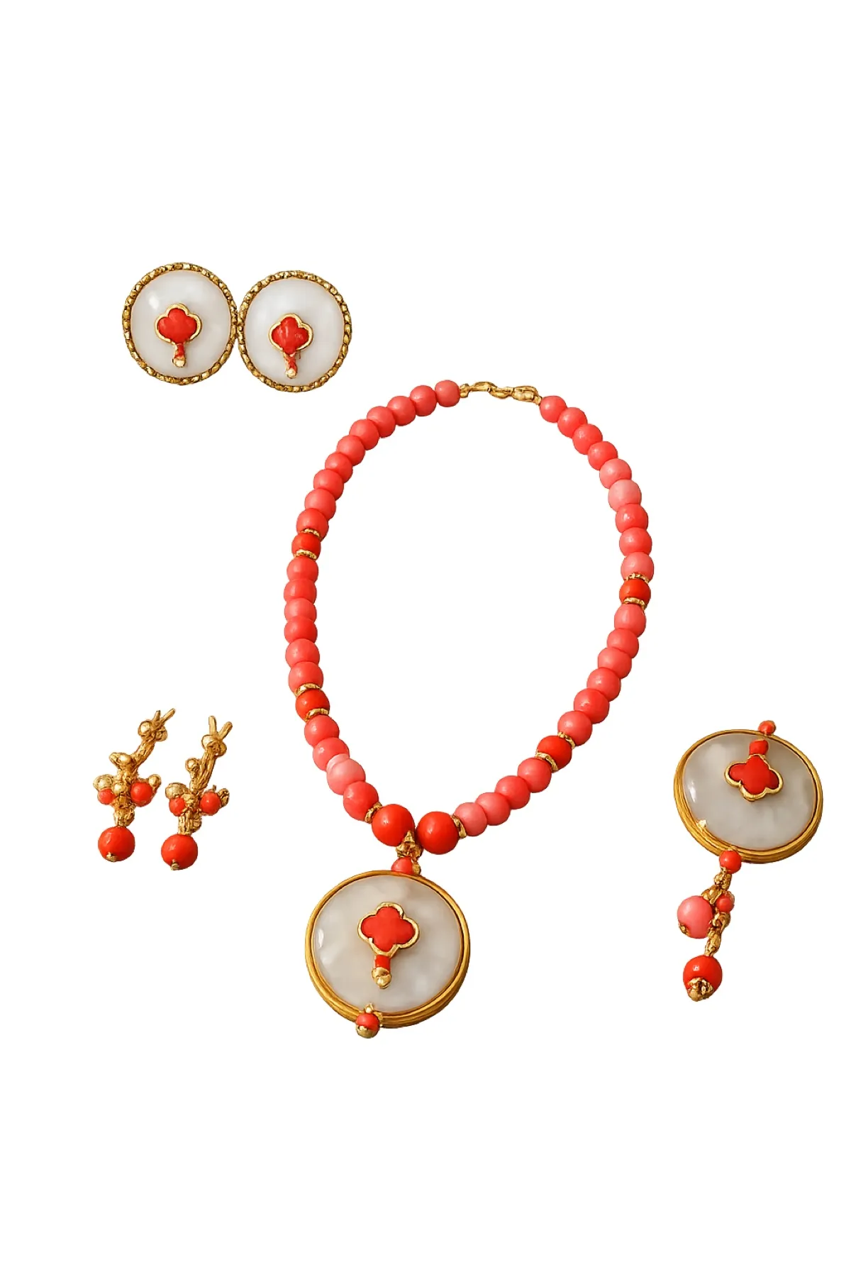 Collar de cuentas de coral con colgante y pendientes a juego
