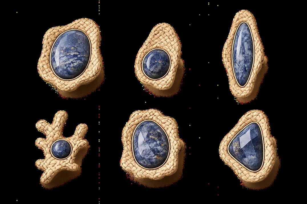 Las mismas piedras azules engastadas como anillos y colgantes