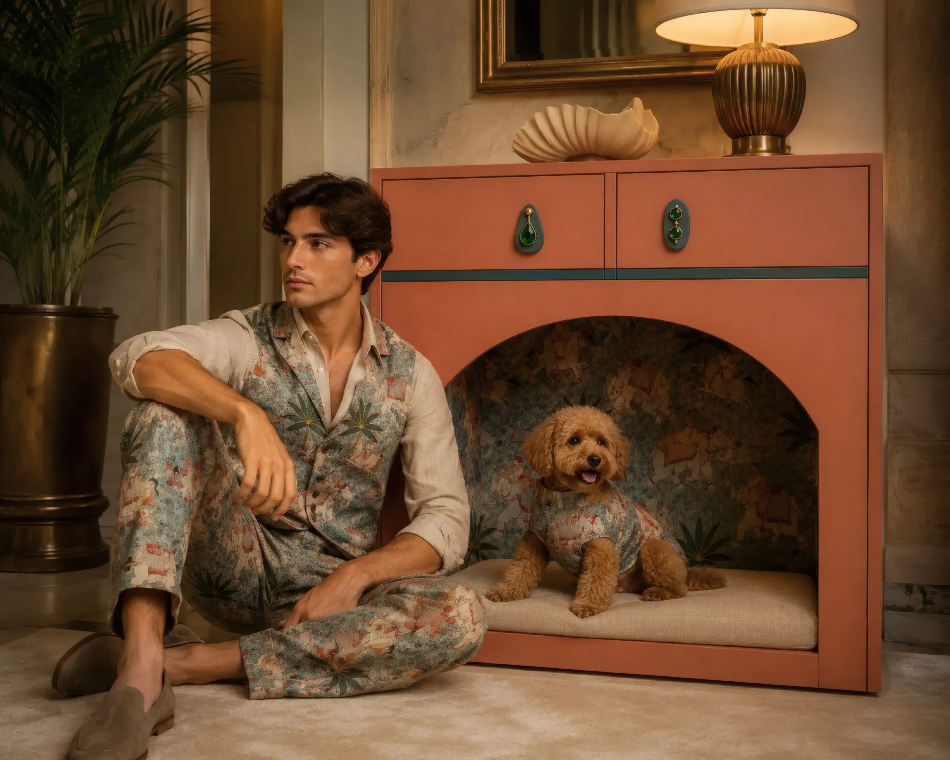 El conjunto coordinado: pijama, perro y mueble con el mismo dibujo